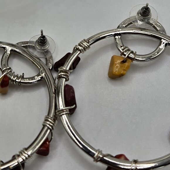 "5/$25" Silvertone Gemstone Nugget Large Circle Post Earrings - Picture 4 of 5